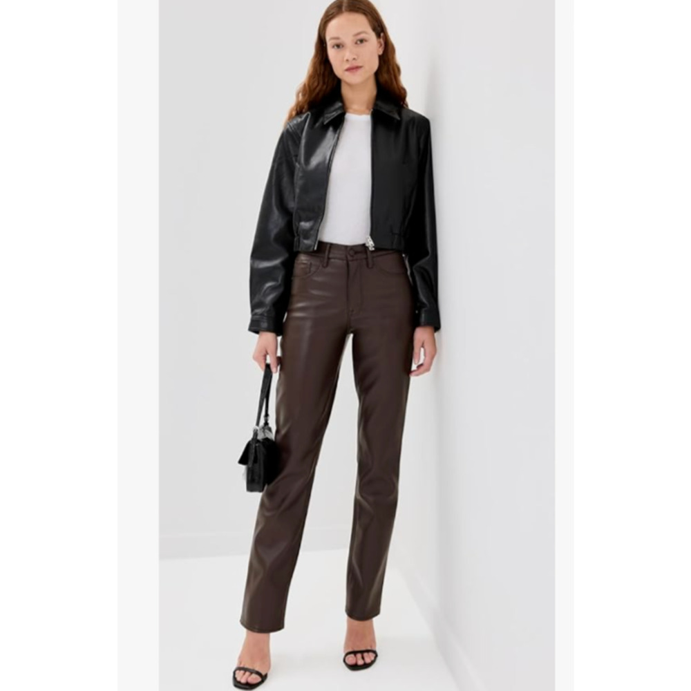 Good American Womens Better Than Leather Brown Good Icon Faux Pants 8/29 Zipper